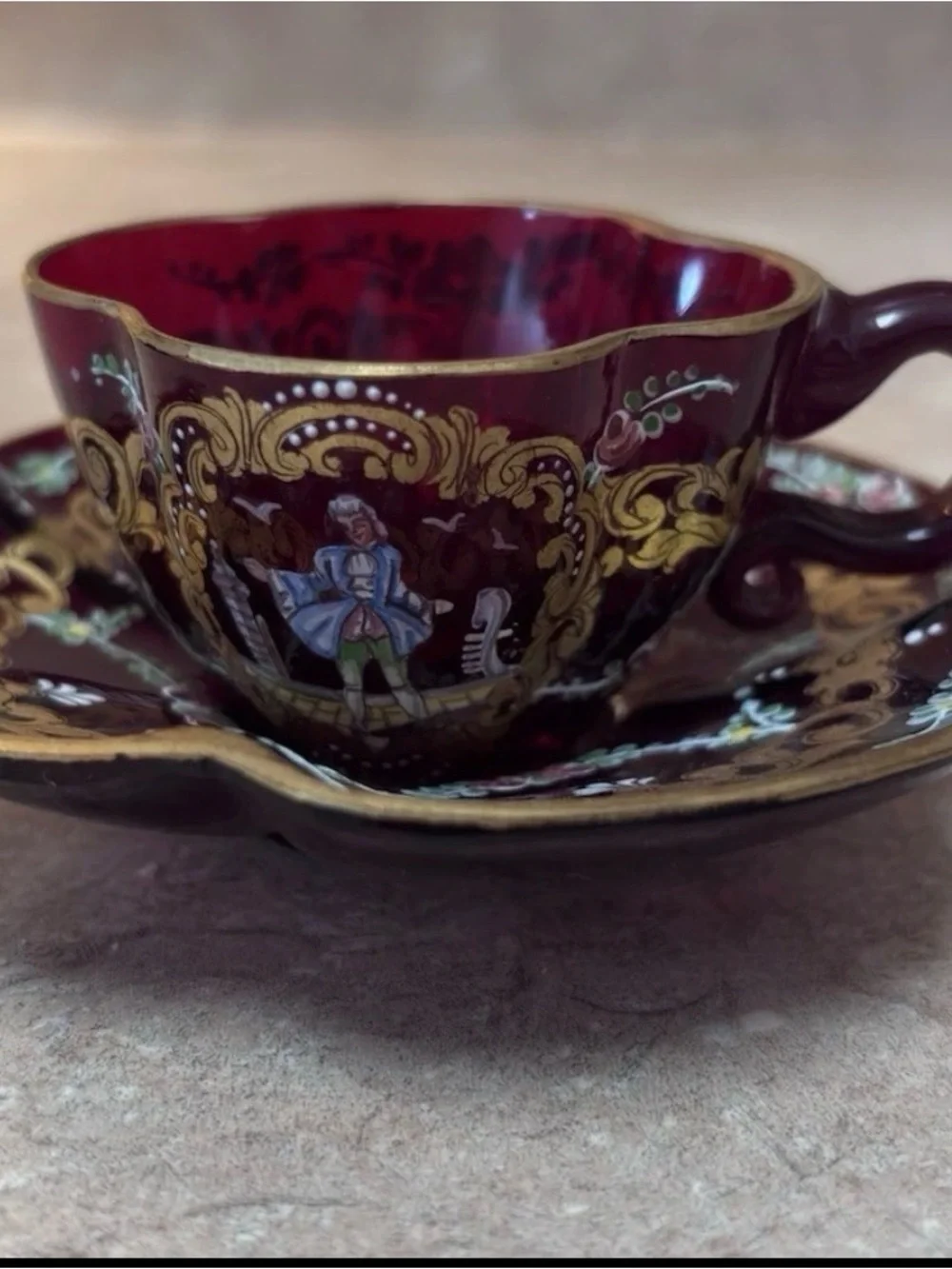 Antique Bohemian Glass Ruby Red Demitasse Cup + Saucer Set Mosier Style